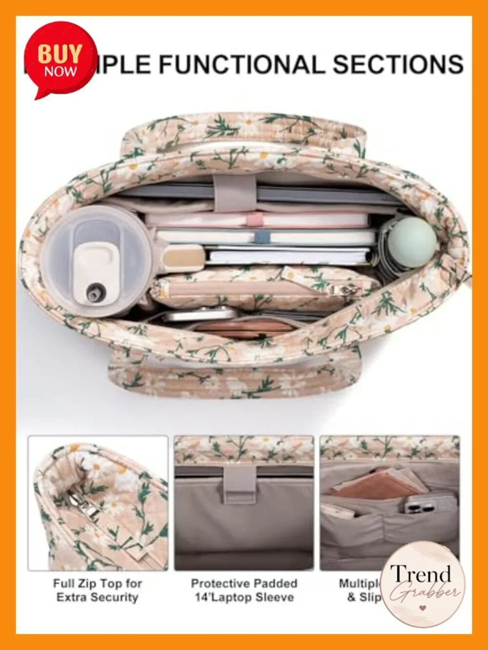 Quilted Cotton Tote Bag with Zipper Cup Holder Laptop Compartment